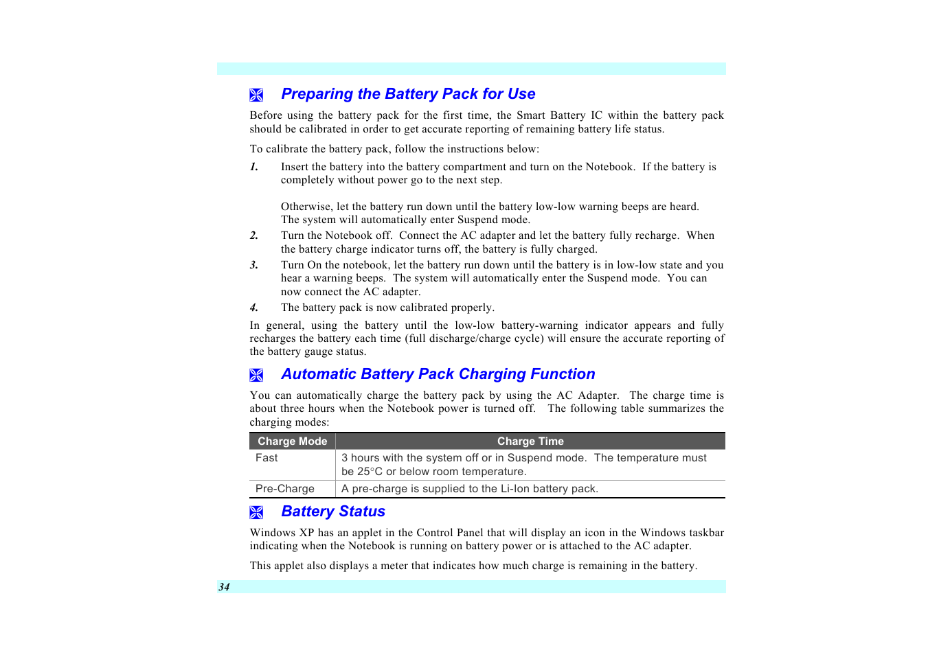 Preparing the battery pack for use, Automatic battery pack charging function, Battery status | Elitegroup G220 User Manual User Manual | Page 42 / 107