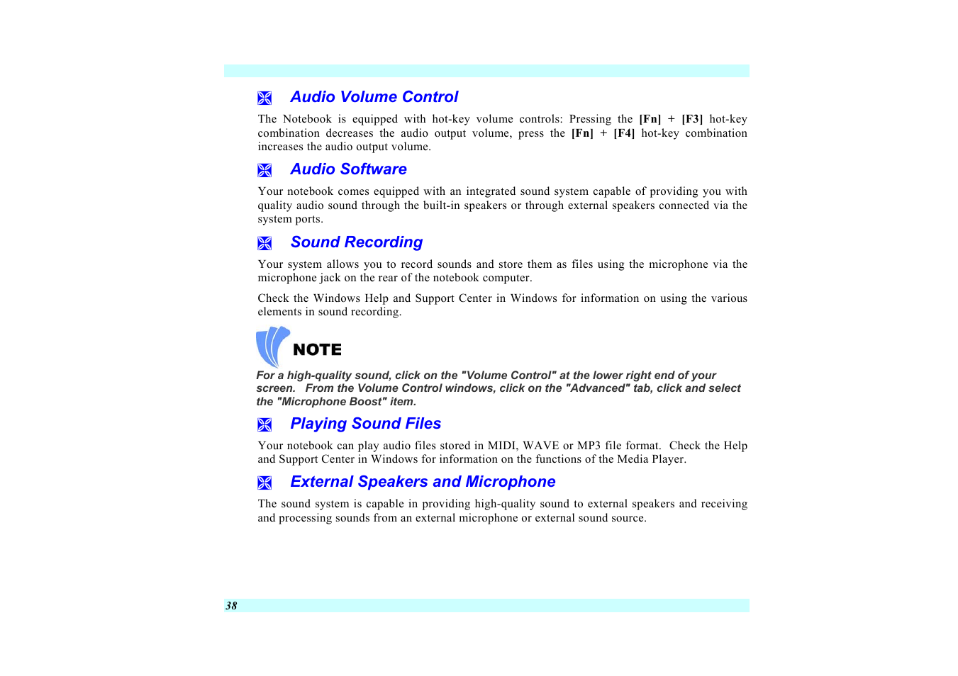 Audio volume control, Audio software, Sound recording | Playing sound files, External speakers and microphone | Elitegroup G220 User Manual User Manual | Page 46 / 107