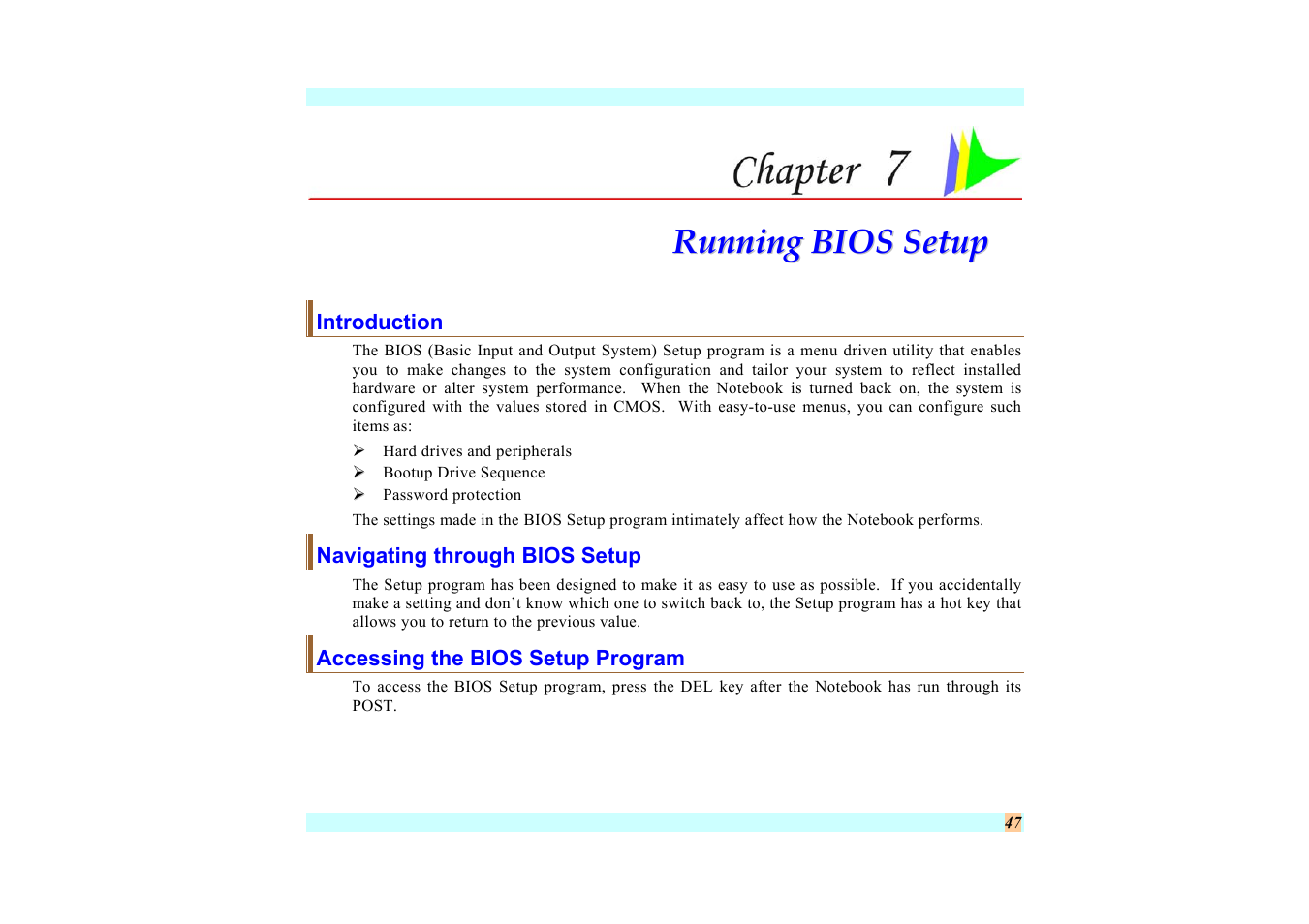 Introduction, Navigating through bios setup, Accessing the bios setup program | Chapter 7: running bios setup | Elitegroup G220 User Manual User Manual | Page 55 / 107