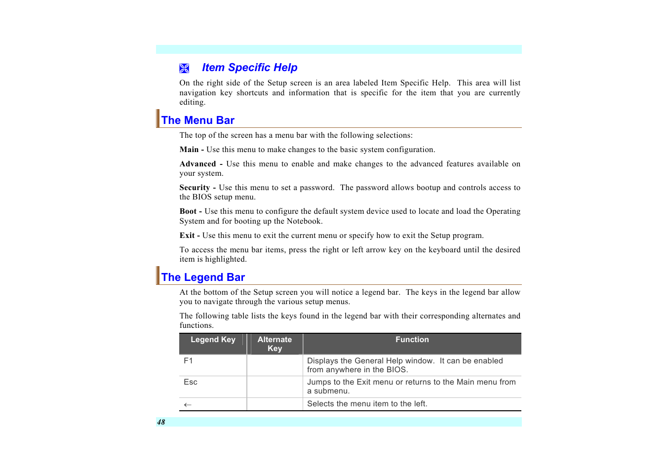 Item specific help, The menu bar, The legend bar | Elitegroup G220 User Manual User Manual | Page 56 / 107