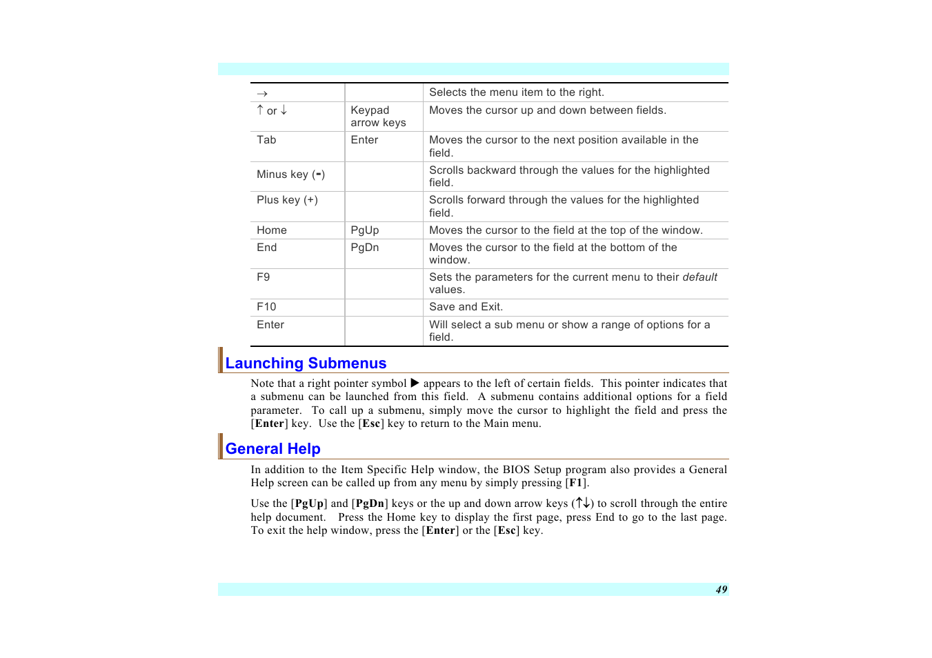 Launching submenus, General help | Elitegroup G220 User Manual User Manual | Page 57 / 107