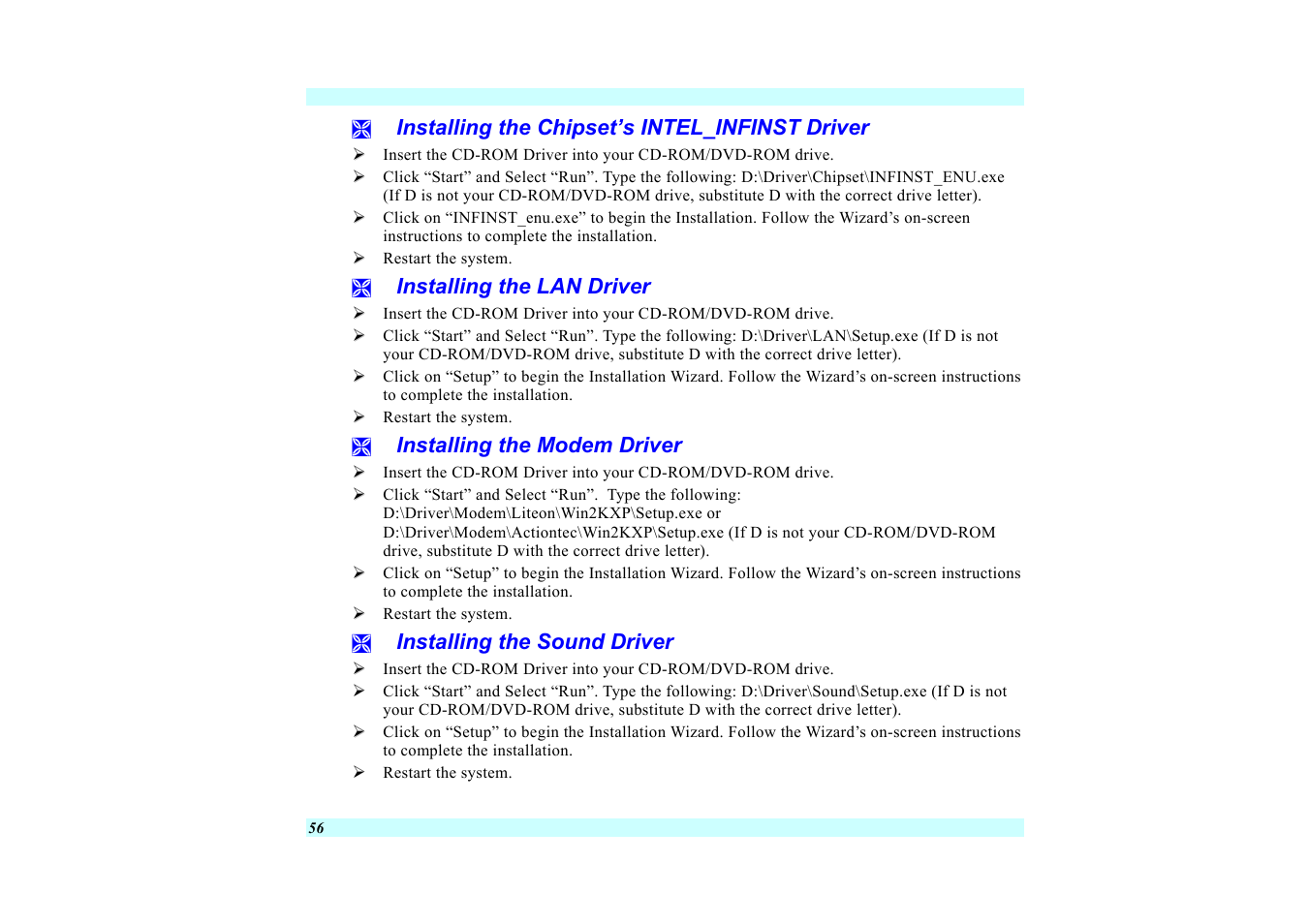 Installing the chipset’s intel_infinst driver, Installing the lan driver, Installing the modem driver | Installing the sound driver | Elitegroup G220 User Manual User Manual | Page 64 / 107