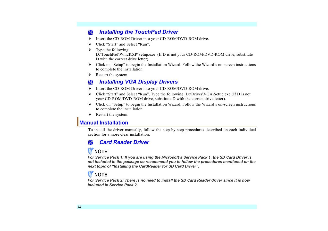 Installing the touchpad driver, Installing vga display drivers, Manual installation | Card reader driver | Elitegroup G220 User Manual User Manual | Page 66 / 107
