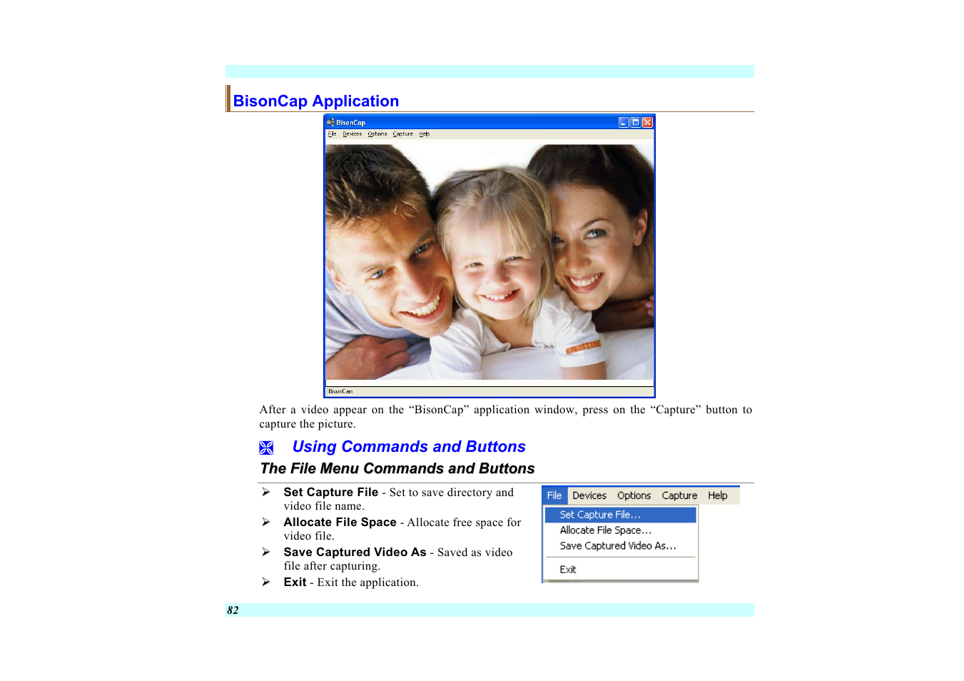 Bisoncap application, Using commands and buttons, The file menu commands and buttons | Elitegroup G220 User Manual User Manual | Page 90 / 107