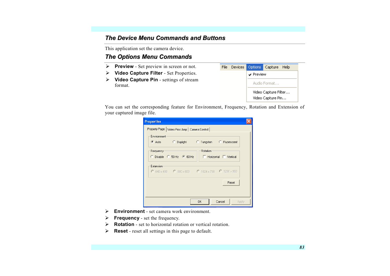 The device menu commands and buttons, The options menu commands | Elitegroup G220 User Manual User Manual | Page 91 / 107