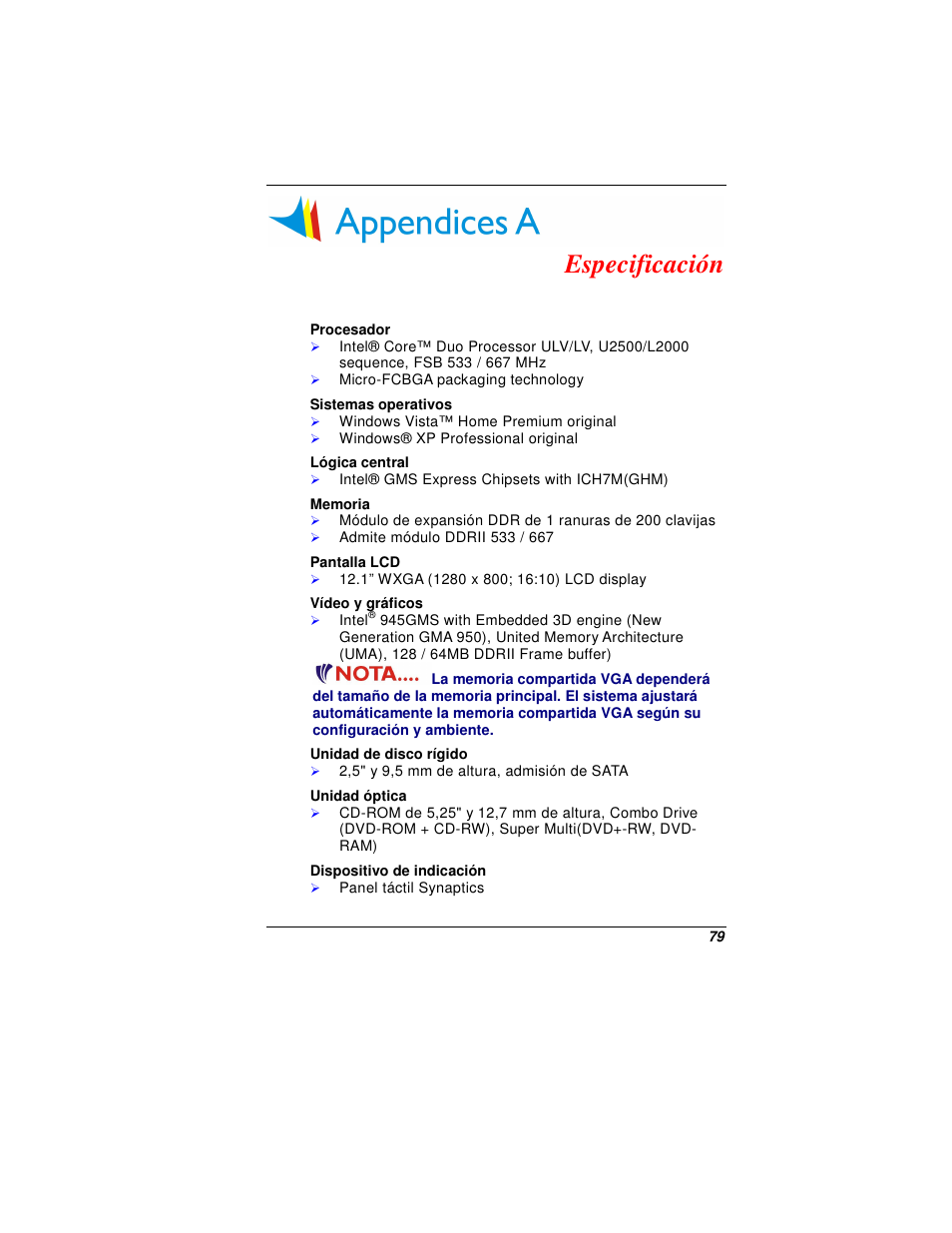 Especificación | Elitegroup G200 User Manual | Page 89 / 91