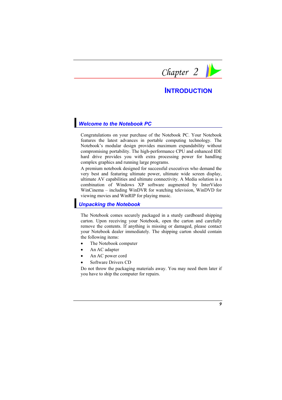 Welcome to the notebook pc, Unpacking the notebook, Chapter 2: introduction | Elitegroup 600 User Manual | Page 17 / 89
