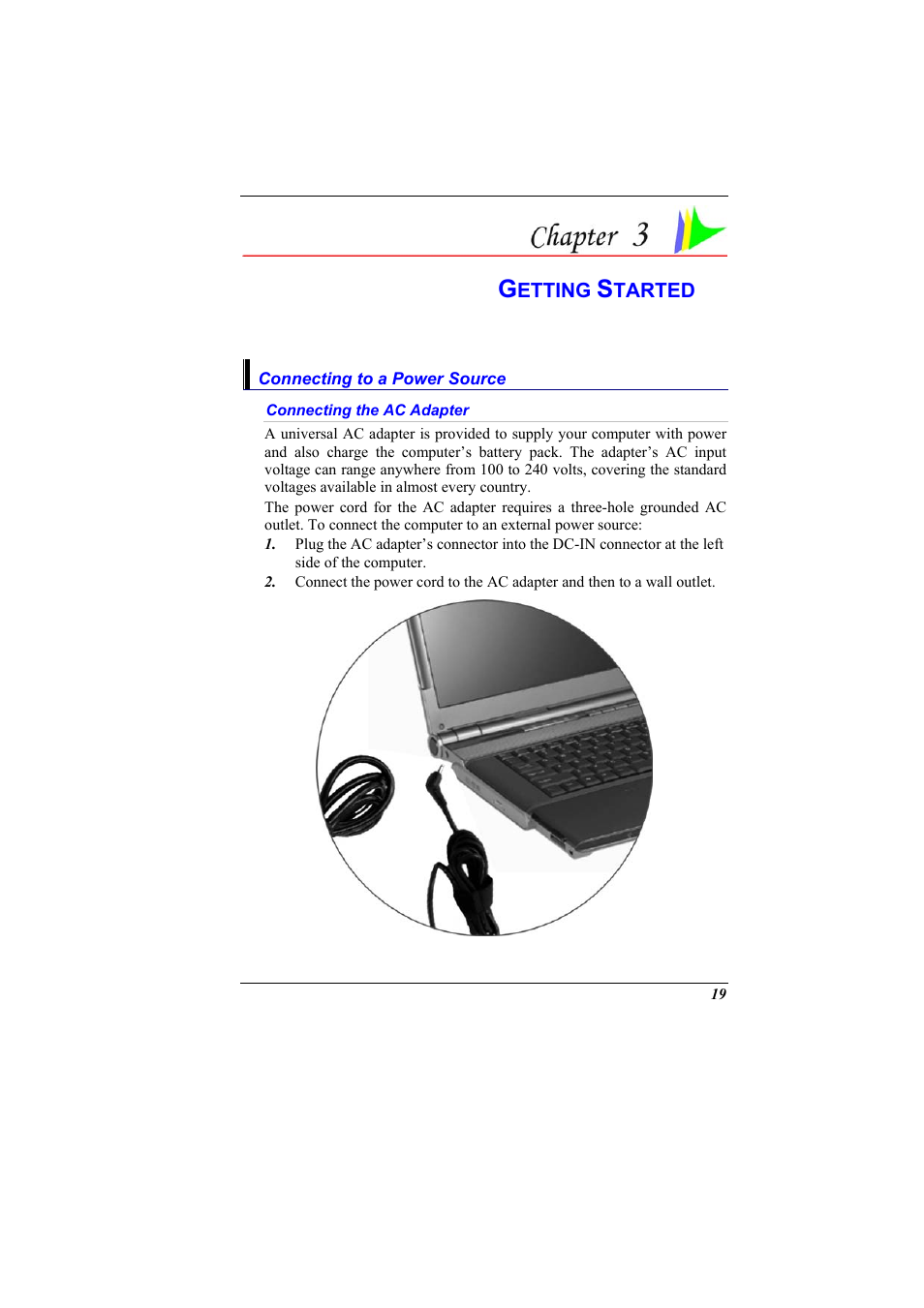 Connecting to a power source, Connecting the ac adapter, Chapter 3: getting started | Elitegroup 600 User Manual | Page 27 / 89
