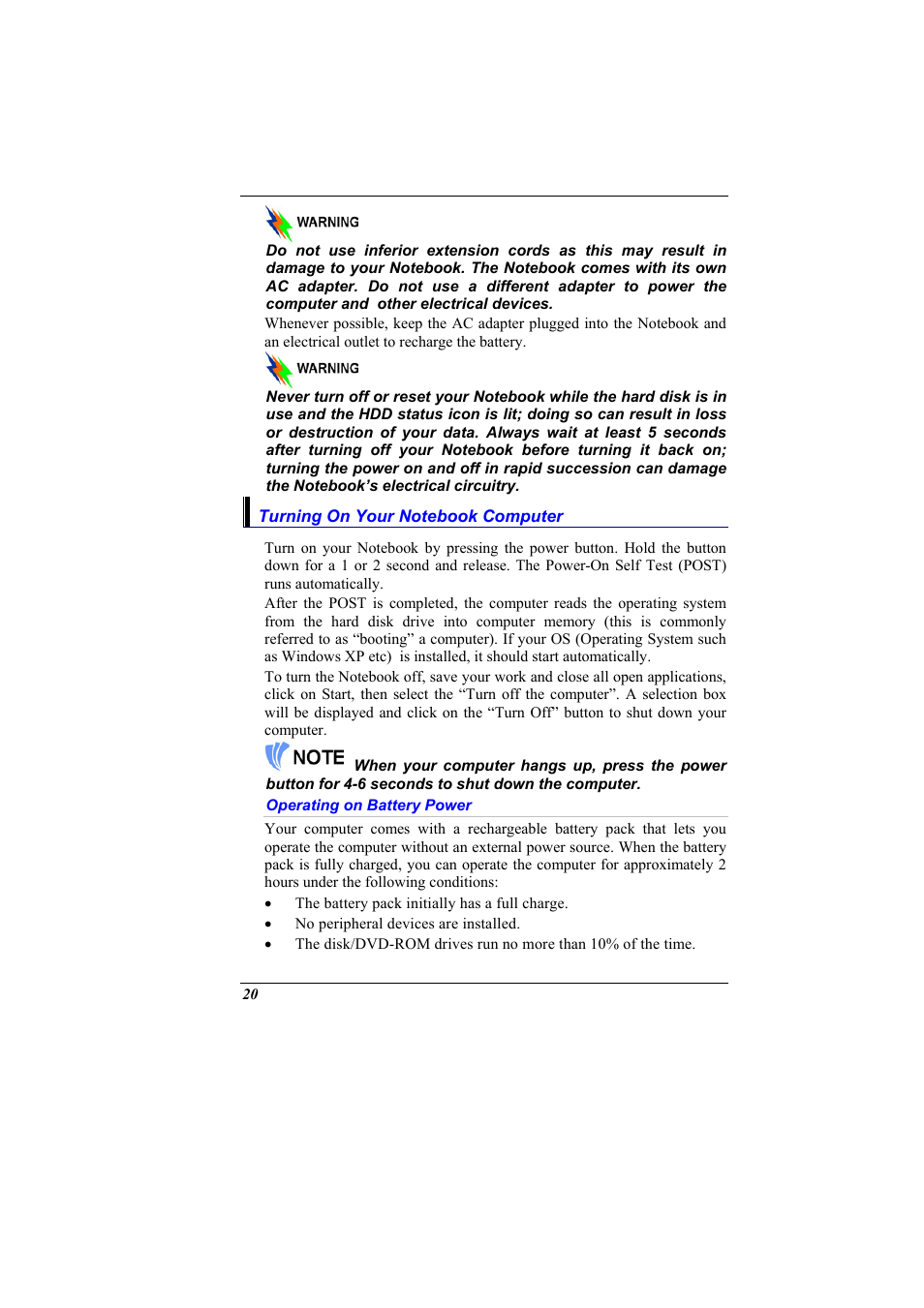 Turning on your notebook computer, Operating on battery power | Elitegroup 600 User Manual | Page 28 / 89
