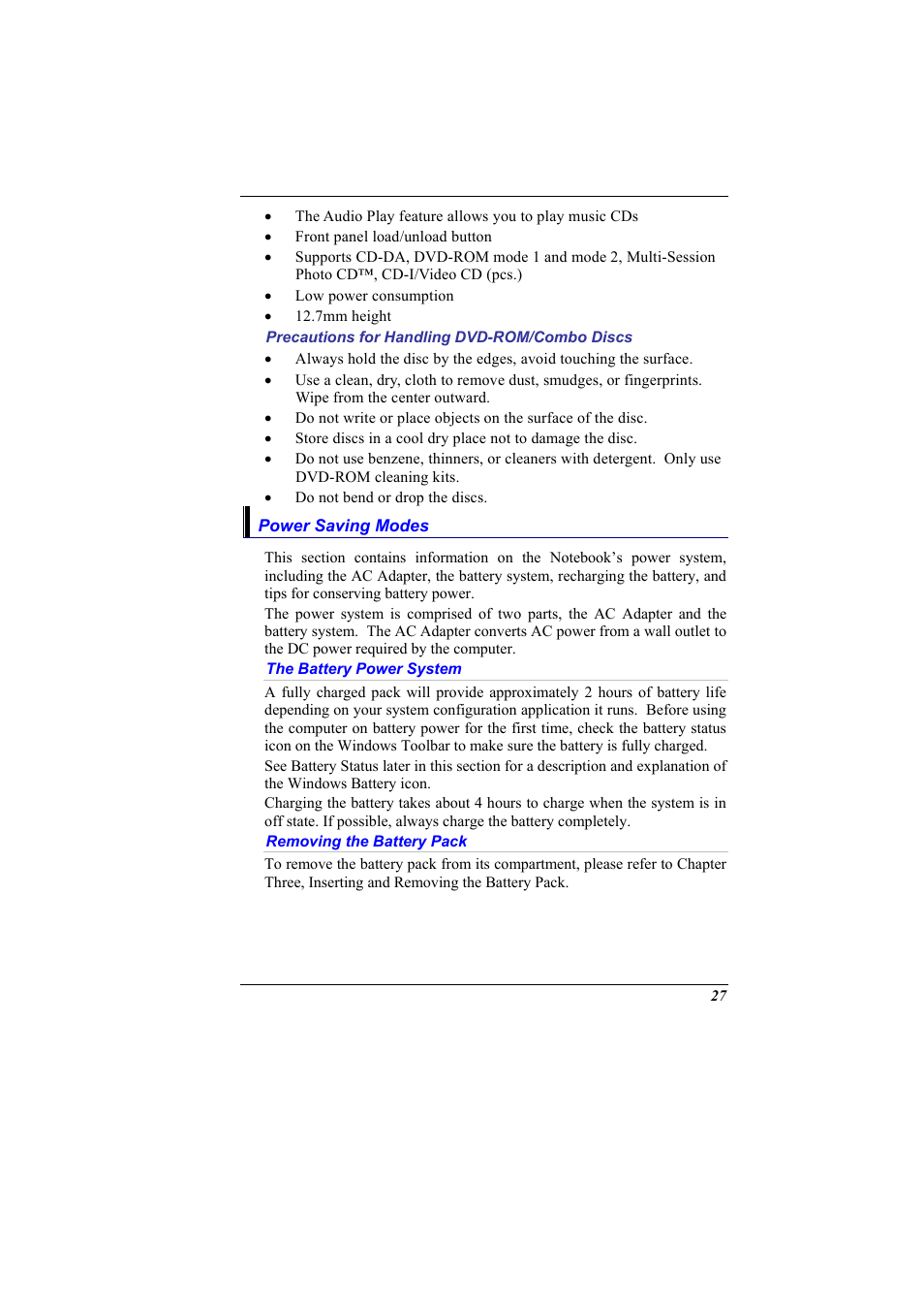 Precautions for handling dvd-rom/combo discs, Power saving modes, The battery power system | Removing the battery pack | Elitegroup 600 User Manual | Page 35 / 89
