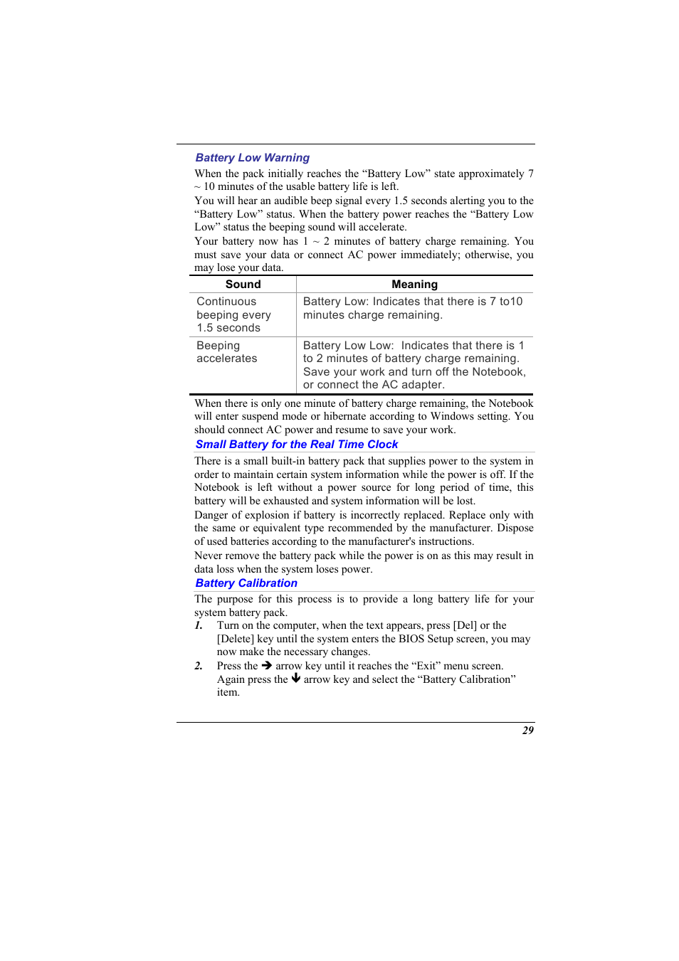 Battery low warning, Small battery for the real time clock, Battery calibration | Elitegroup 600 User Manual | Page 37 / 89