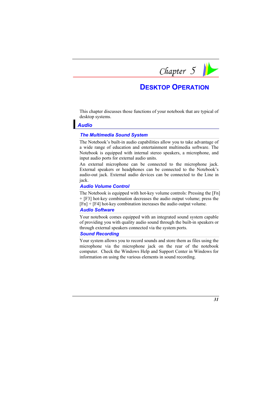 Audio, The multimedia sound system, Audio volume control | Audio software, Sound recording, Chapter 5: desktop operation | Elitegroup 600 User Manual | Page 39 / 89