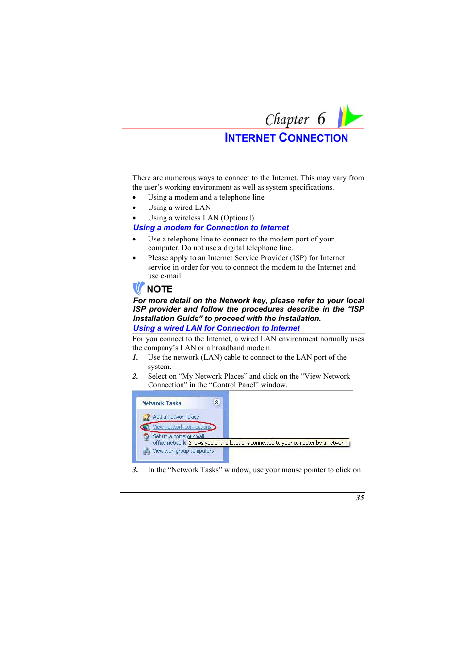 Using a modem for connection to internet, Using a wired lan for connection to internet, Chapter 6: internet connection | Elitegroup 600 User Manual | Page 43 / 89