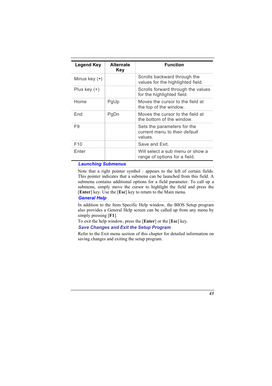 Launching submenus, General help, Save changes and exit the setup program | Elitegroup 600 User Manual | Page 51 / 89