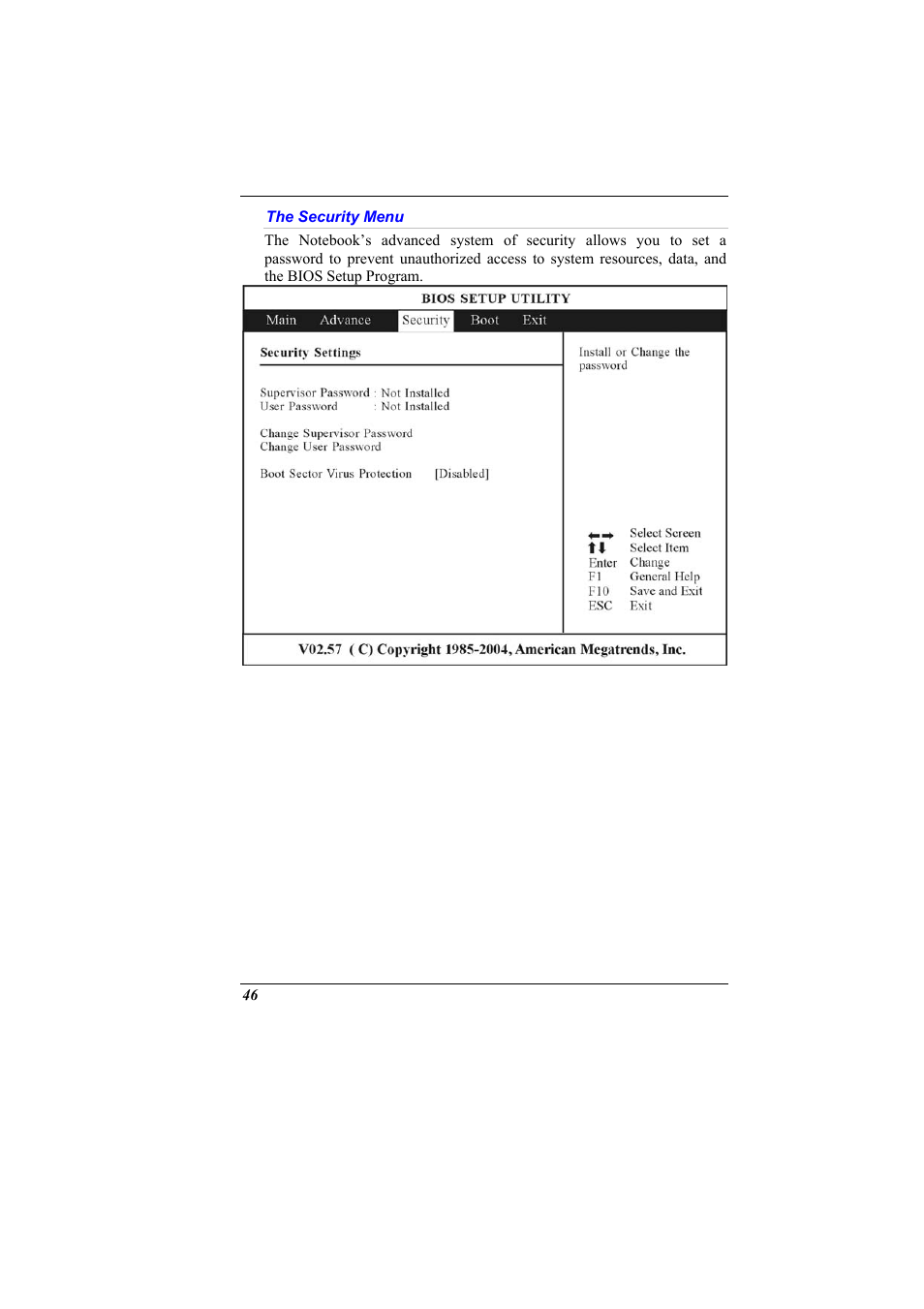 The security menu | Elitegroup 600 User Manual | Page 54 / 89