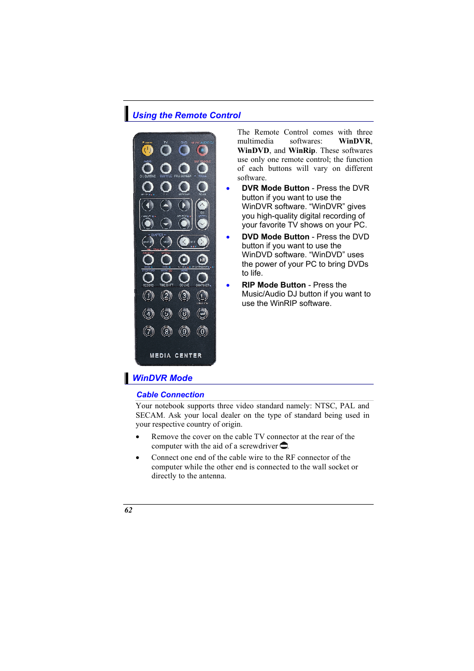 Using the remote control, Windvr mode, Cable connection | Elitegroup 600 User Manual | Page 70 / 89
