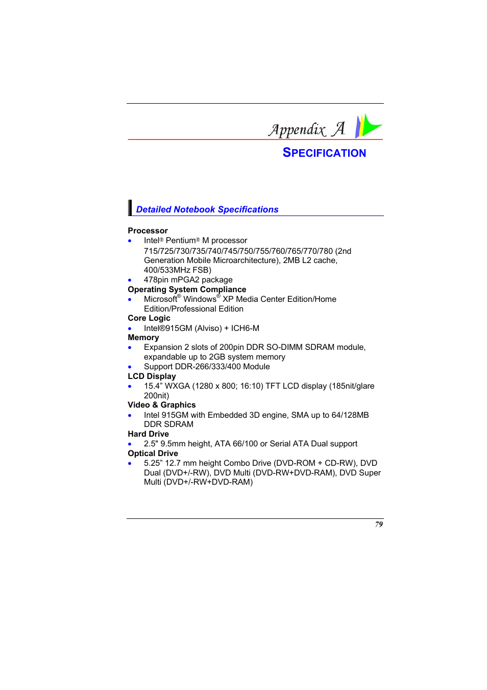 Detailed notebook specifications, Chapter 13: specification, Pecification | Elitegroup 600 User Manual | Page 87 / 89