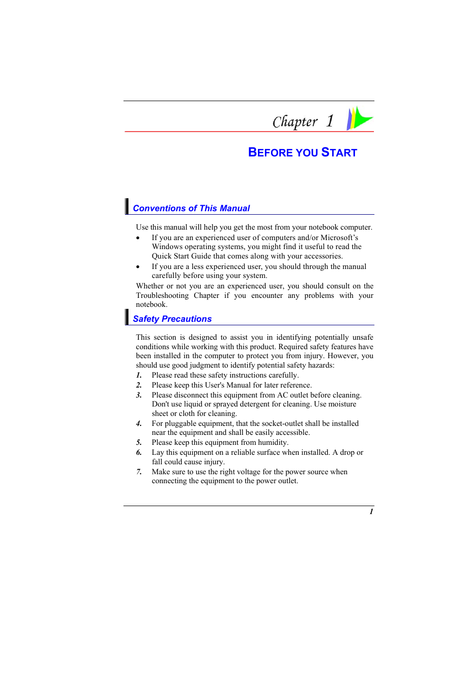 Conventions of this manual, Safety precautions, Chapter 1: before you start | Elitegroup 600 User Manual | Page 9 / 89