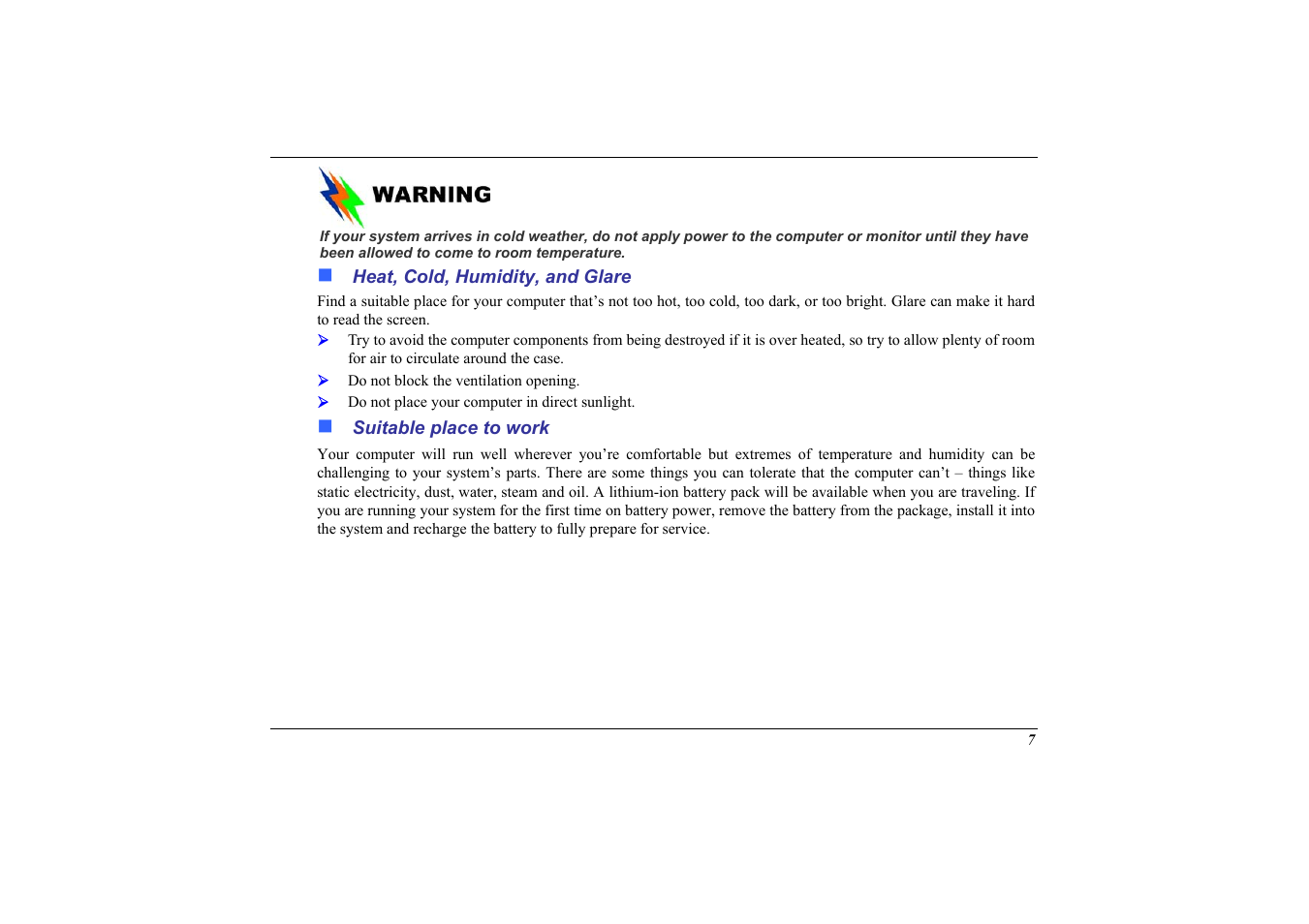 Heat, cold, humidity, and glare, Suitable place to work | Elitegroup 558 User Manual | Page 15 / 83