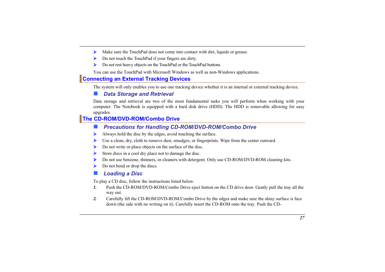 Connecting an external tracking devices, Data storage and retrieval, The cd-rom/dvd-rom/combo drive | Loading a disc | Elitegroup 558 User Manual | Page 35 / 83