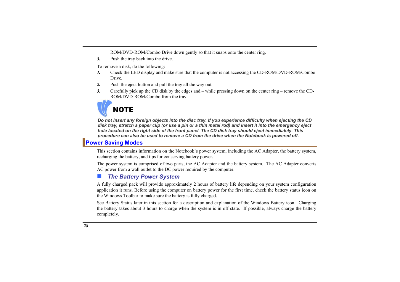 Power saving modes, The battery power system | Elitegroup 558 User Manual | Page 36 / 83