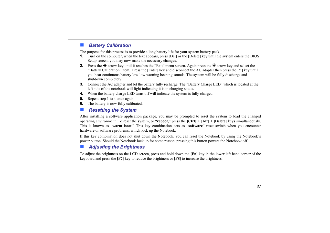 Battery calibration, Resetting the system, Adjusting the brightness | Elitegroup 558 User Manual | Page 39 / 83