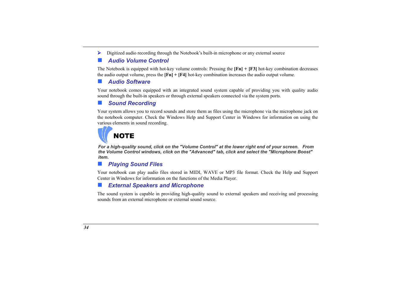 Audio volume control, Audio software, Sound recording | Playing sound files, External speakers and microphone | Elitegroup 558 User Manual | Page 42 / 83