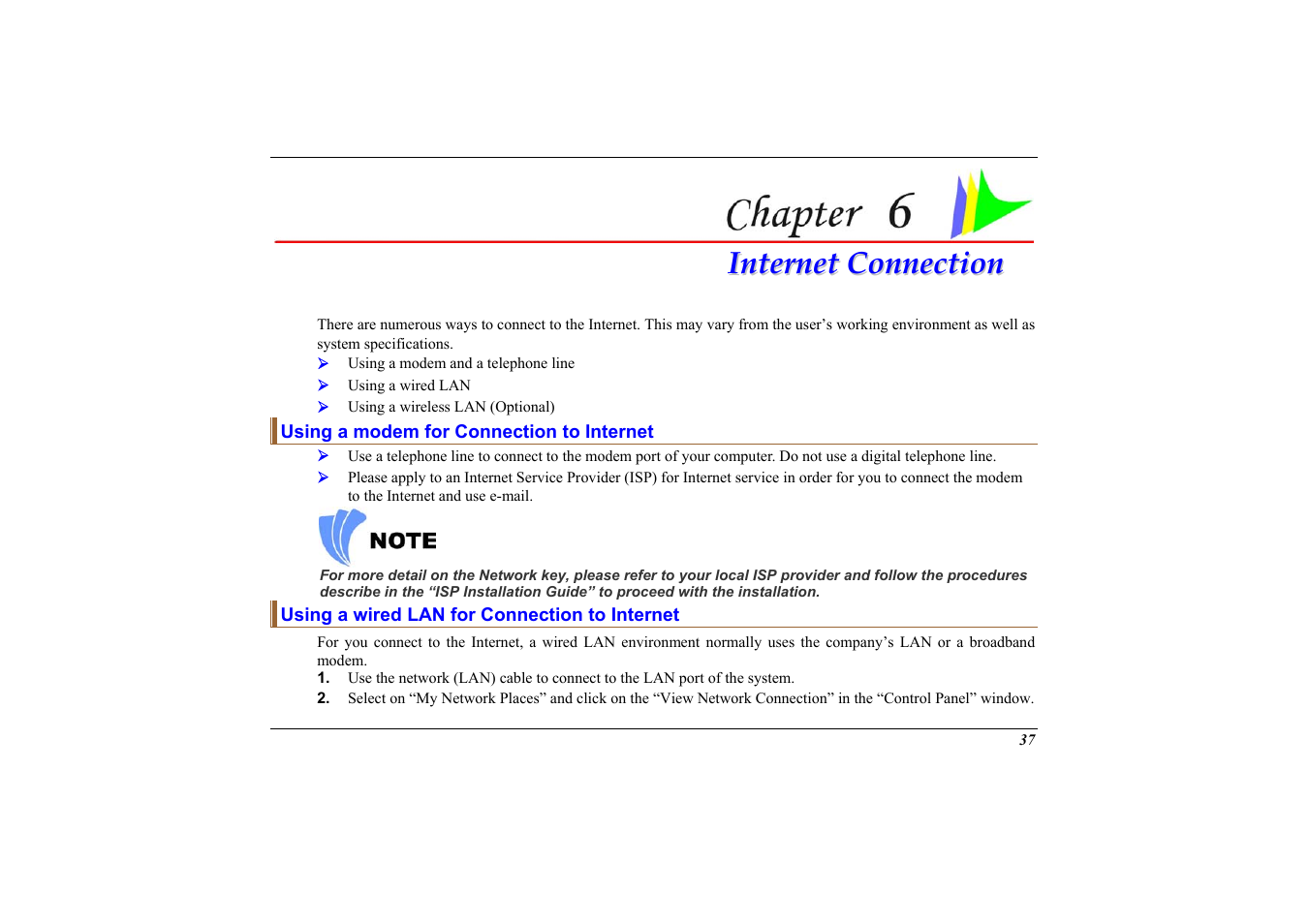 Using a modem for connection to internet, Using a wired lan for connection to internet, Chapter 6: internet connection | Elitegroup 558 User Manual | Page 45 / 83