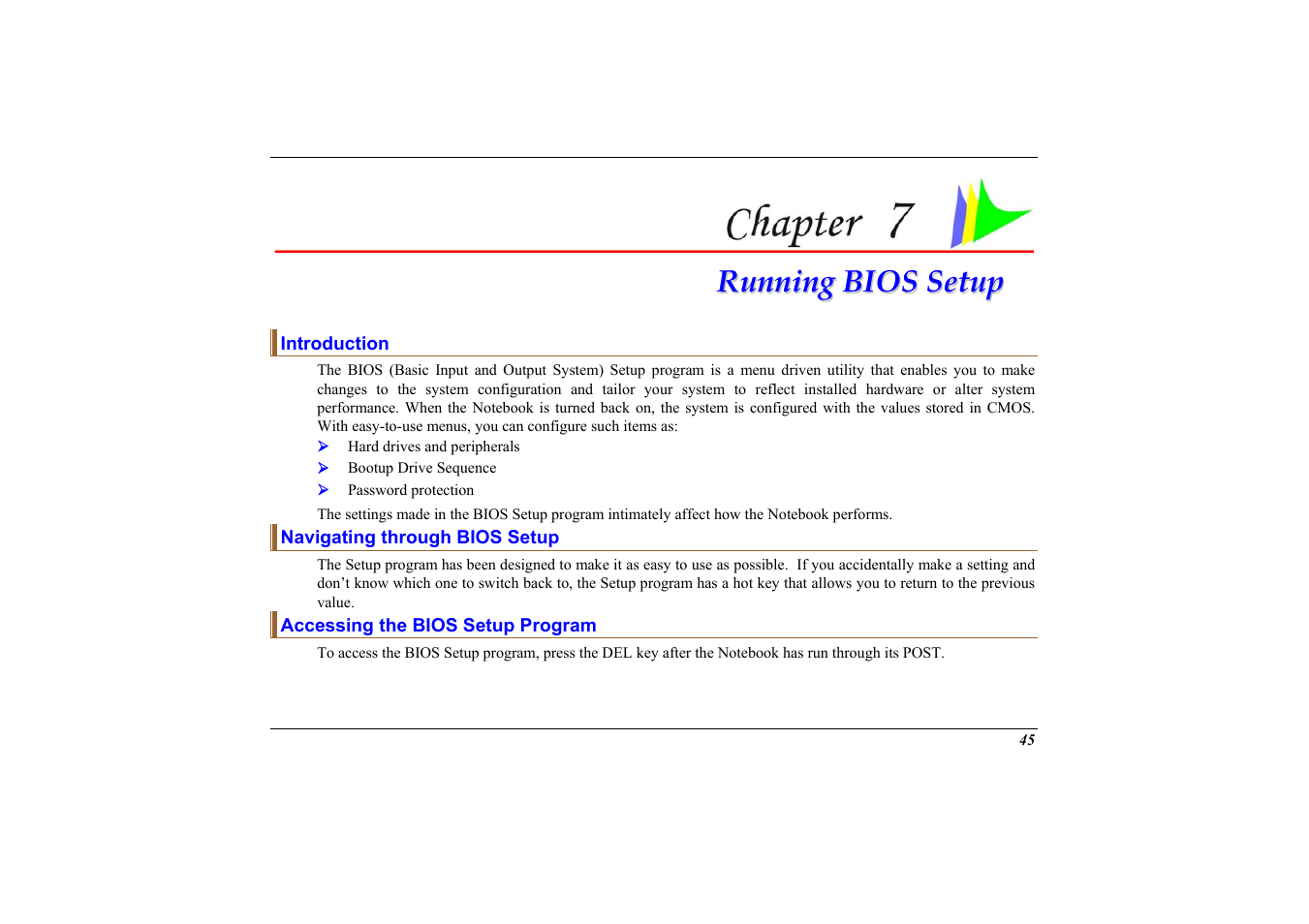 Introduction, Navigating through bios setup, Accessing the bios setup program | Chapter 7: running bios setup | Elitegroup 558 User Manual | Page 53 / 83