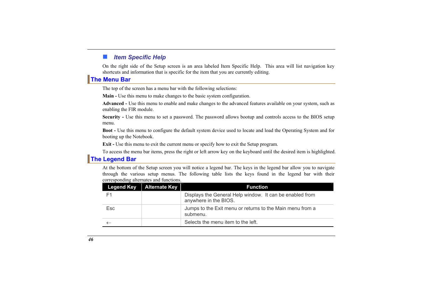 Item specific help, The menu bar, The legend bar | Elitegroup 558 User Manual | Page 54 / 83