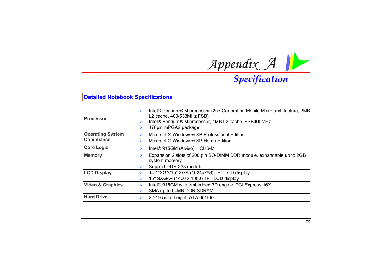 Detailed notebook specifications, Appendix a: specification | Elitegroup 558 User Manual | Page 81 / 83