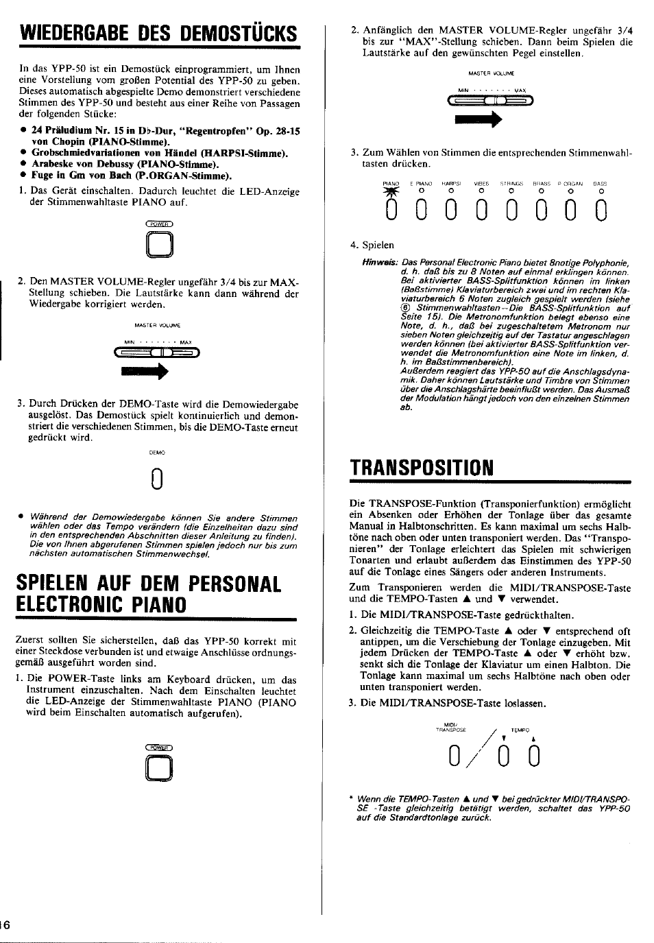 Wiedergabe des demostücks, Spielen auf dem personal electronic piano, Transposition | Yamaha YPP-50 User Manual | Page 10 / 20