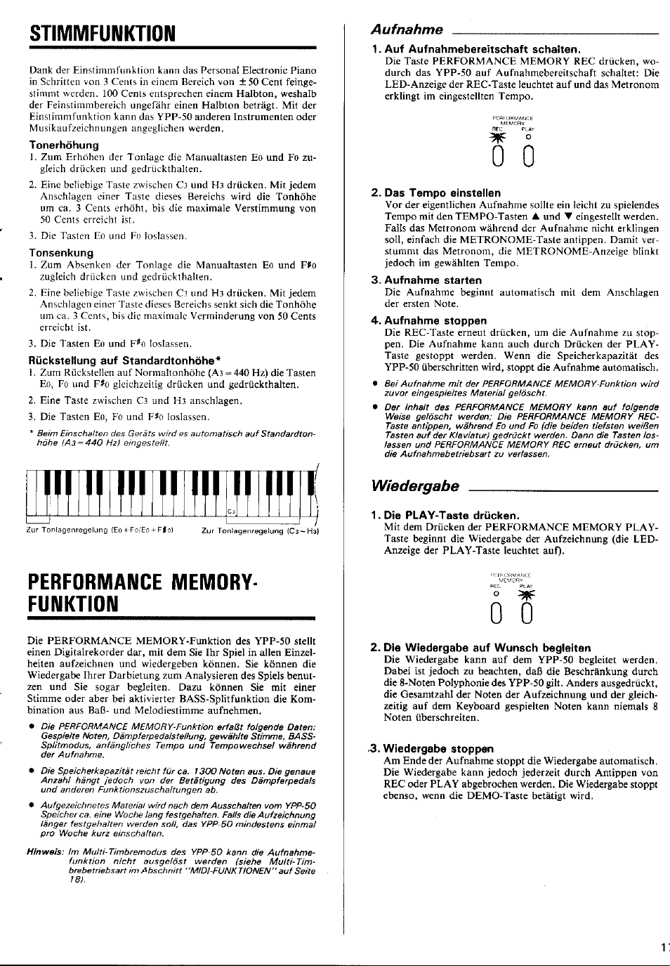Stimmfunktion, Performance memory- funktion, Aufnahme | Wiedergabe | Yamaha YPP-50 User Manual | Page 11 / 20