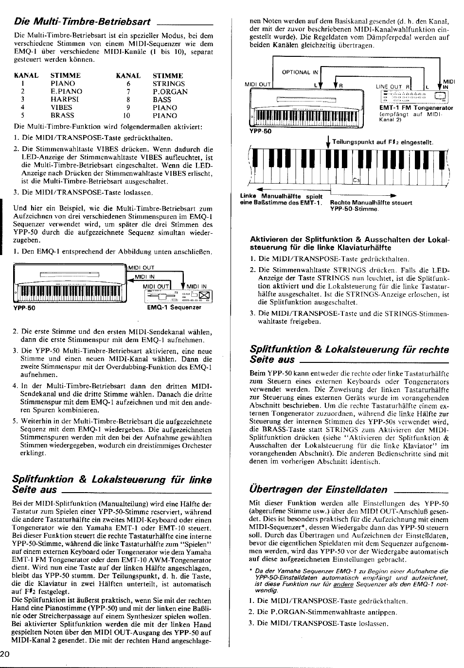 Nimm, Die multi-timbre-betriebsart, Spiitfunktion & lokalsteuerung für unke seite aus | Übertragen der einsteildaten | Yamaha YPP-50 User Manual | Page 14 / 20