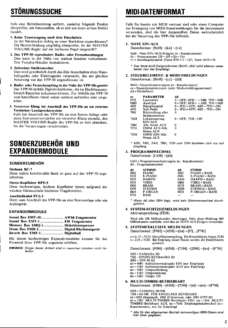 Störungssuche, Sonderzubehör und expandermodule, Midi-datenfdrmat | Midi-datenformat | Yamaha YPP-50 User Manual | Page 15 / 20