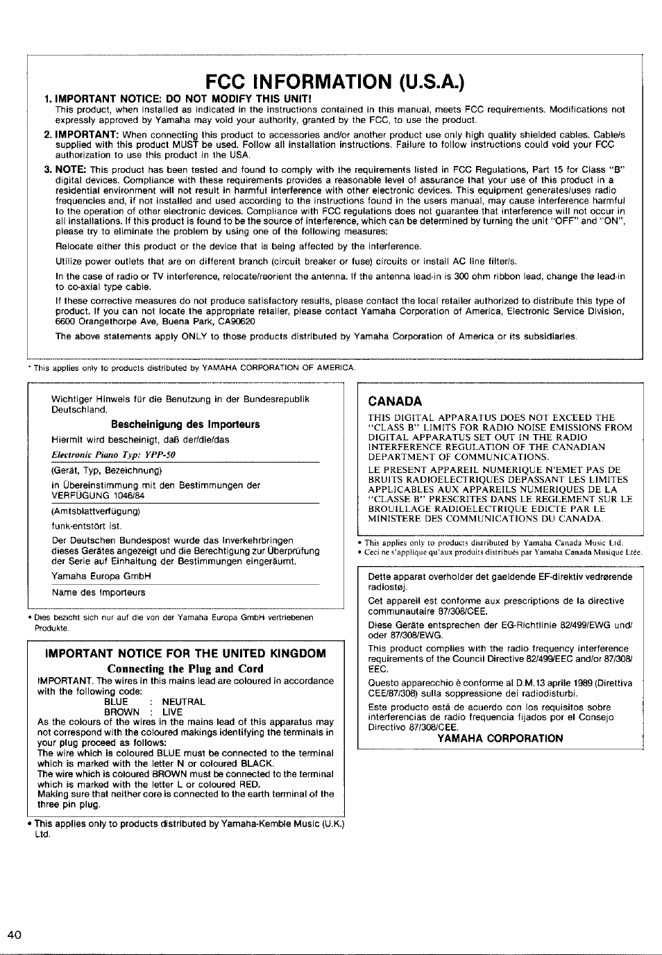 Canada, Fcc information (u.s.a.) | Yamaha YPP-50 User Manual | Page 18 / 20