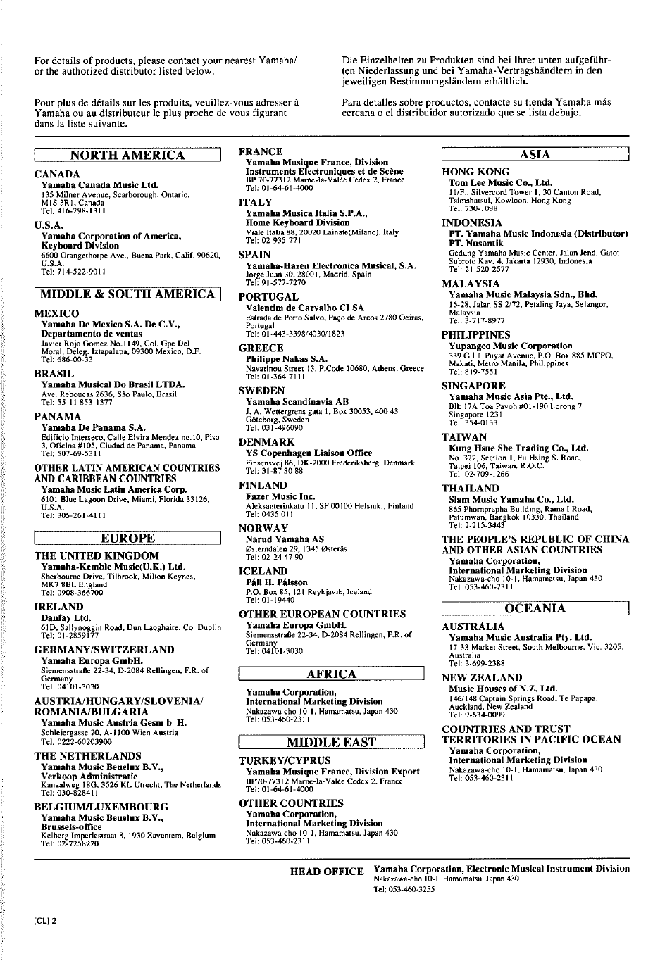 Middle east, North america, Middle & south america | Europe, Asia africa, Oceania | Yamaha YPP-50 User Manual | Page 19 / 20