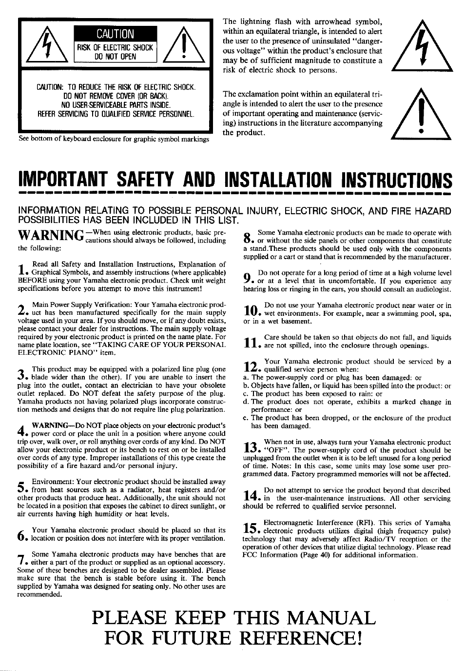Please keep this manual for future reference, Important safety and installation instructions | Yamaha YPP-50 User Manual | Page 2 / 20
