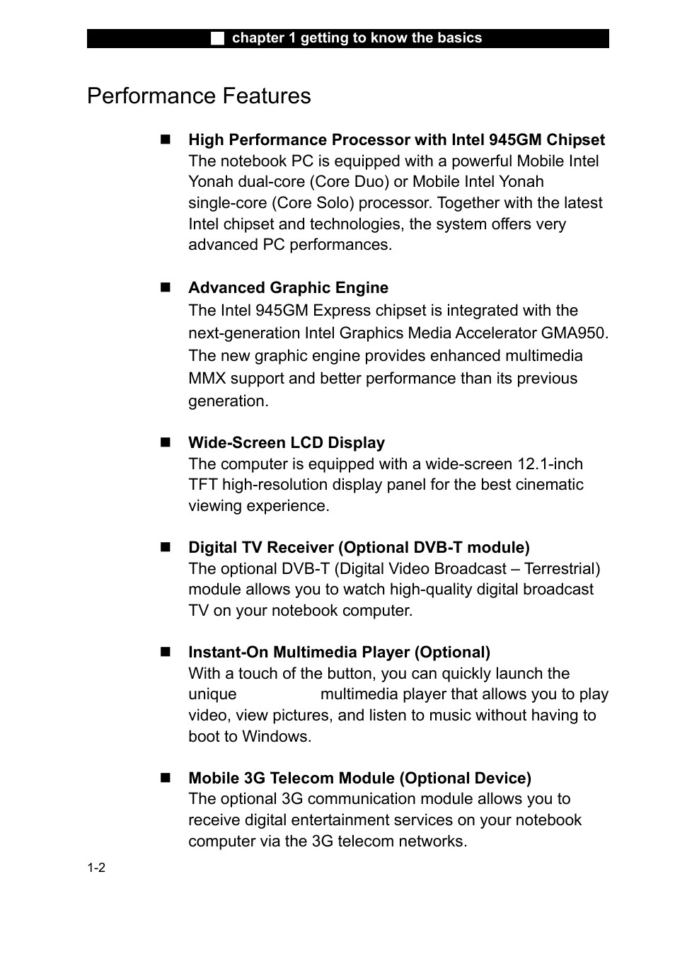 Performance features | Elitegroup X20II User Manual | Page 11 / 106