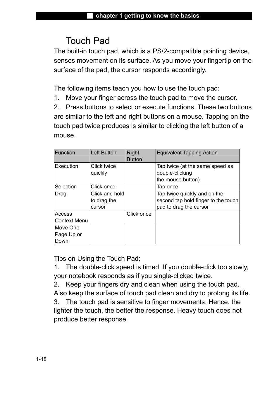 Execution, Selection, Drag | Touch pad | Elitegroup X20II User Manual | Page 27 / 106