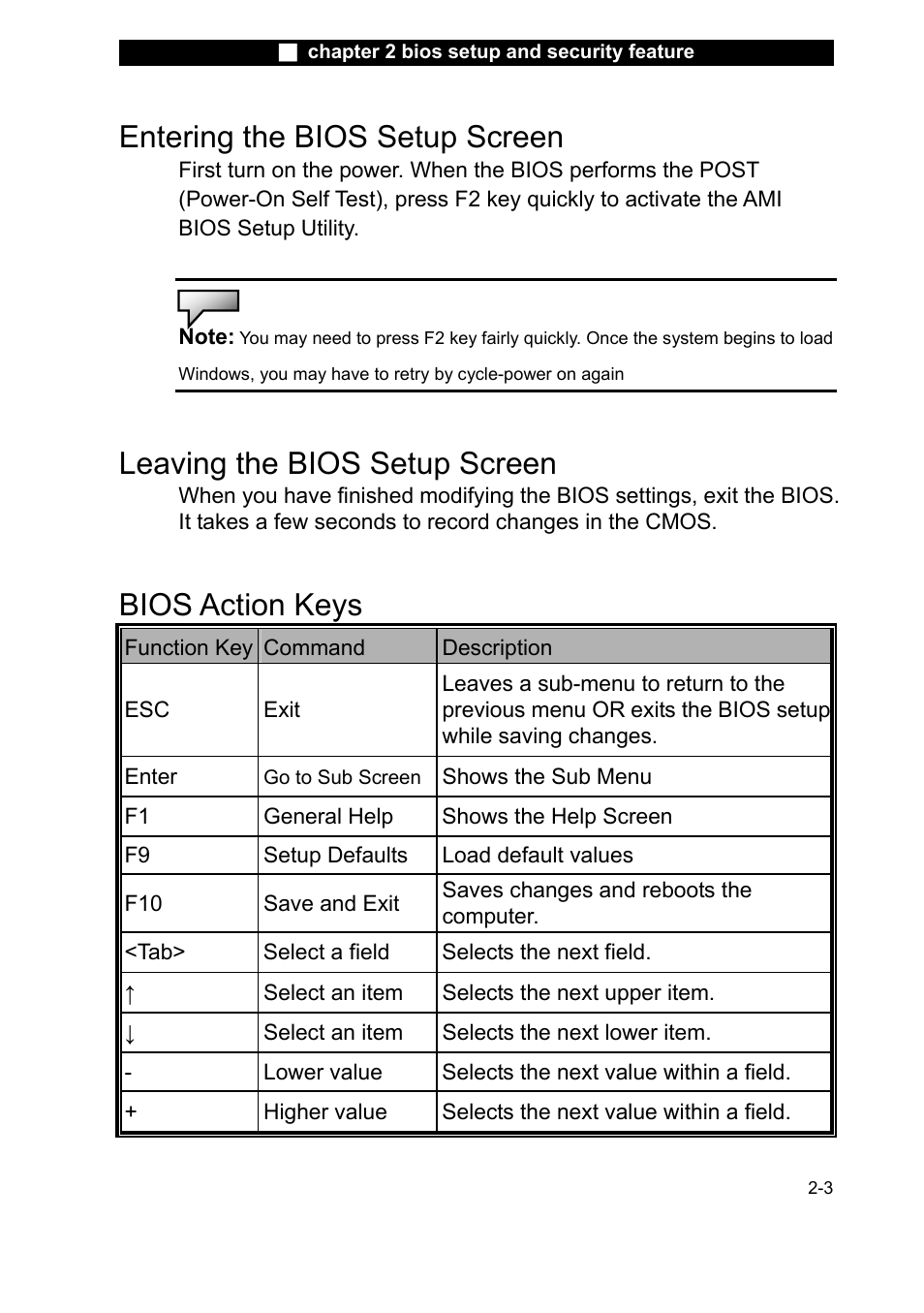 Entering the bios setup screen, Leaving the bios setup screen, Bios action keys | Elitegroup X20II User Manual | Page 40 / 106
