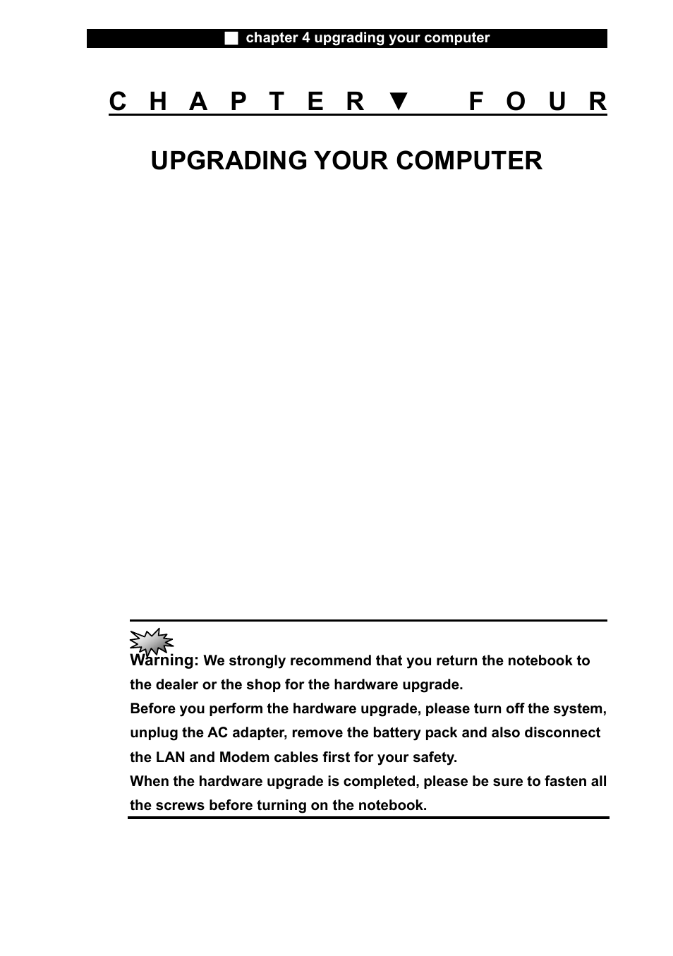 X20iix_english_4_01.doc, Chapter▼ four, Upgrading your computer | Elitegroup X20II User Manual | Page 59 / 106