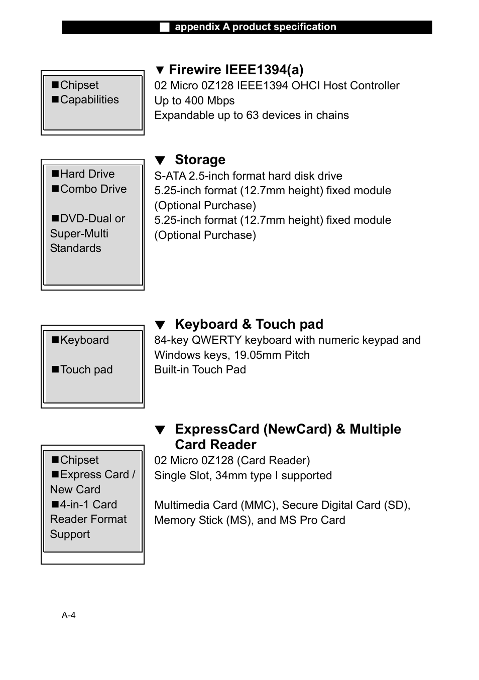 Firewire ieee1394(a), Storage, Keyboard & touch pad | Expresscard (newcard) & multiple card reader | Elitegroup X20II User Manual | Page 96 / 106