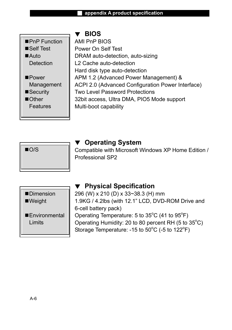 Bios, Operating system, Physical specification | Elitegroup X20II User Manual | Page 98 / 106