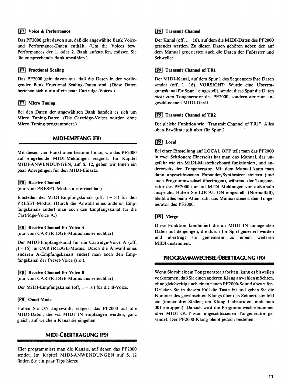 Midi-empfang (f8), Programmwechsel-übertragung (fo), Midi-übertragung (f9) | Yamaha PF2000 User Manual | Page 13 / 23