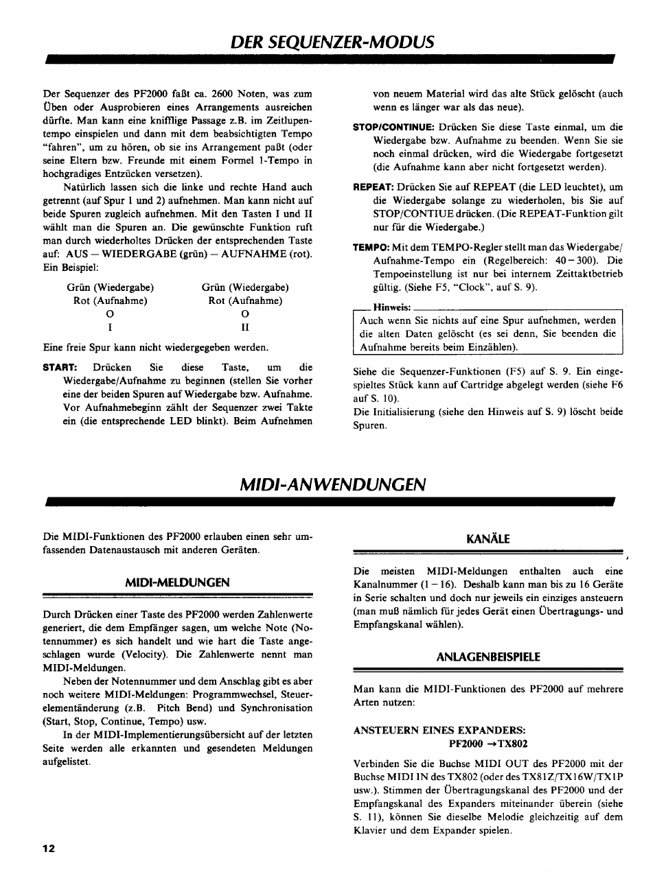 Midi-meldungen, Kanäle, Anlagenbeispiele | Der sequenzer-modus, Midi-anwendungen | Yamaha PF2000 User Manual | Page 14 / 23