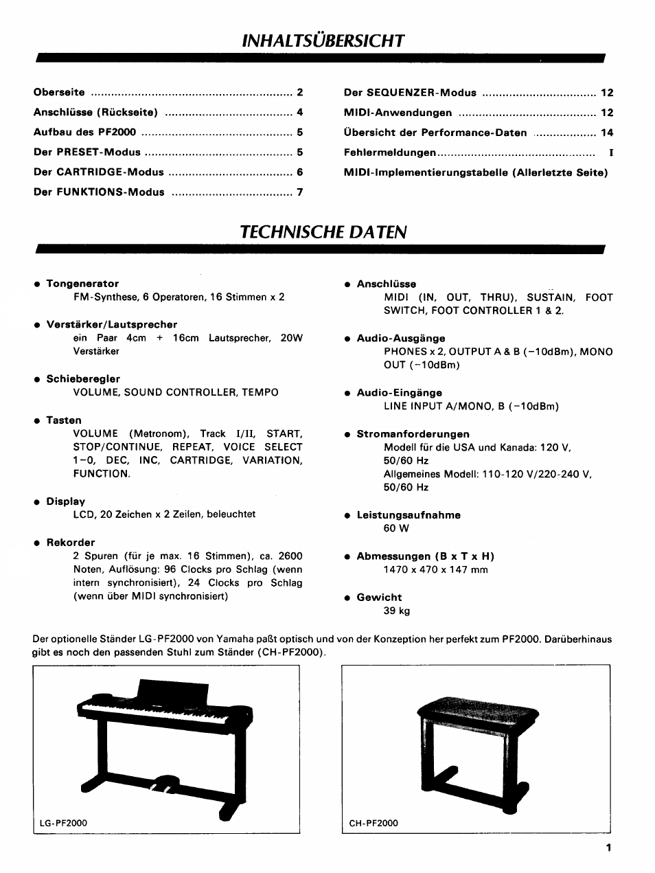 Inhaltsübersicht, Technische daten | Yamaha PF2000 User Manual | Page 3 / 23