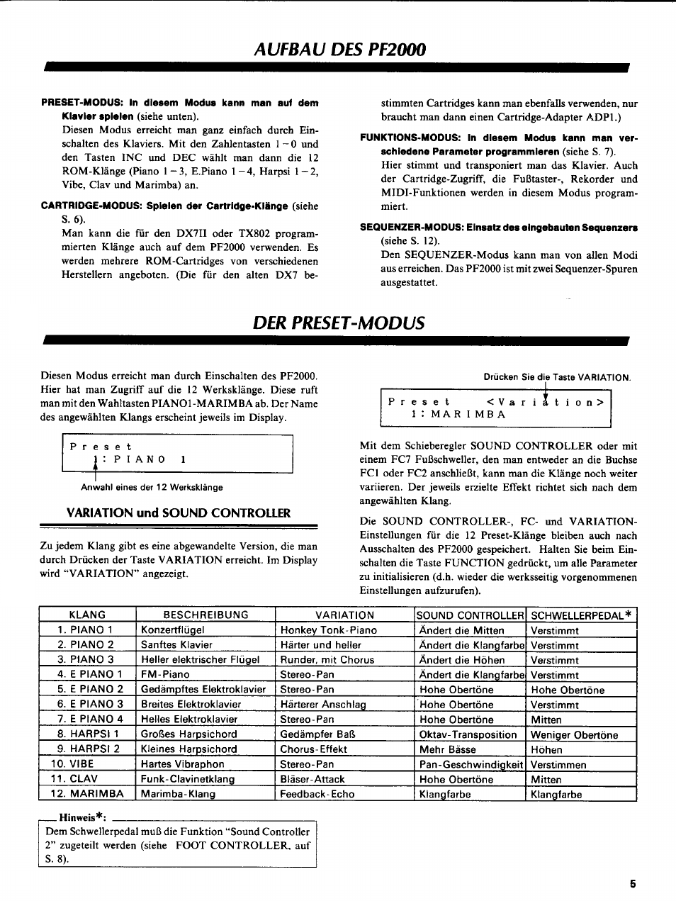 Aufbau des pf2000, Der preset-modus, Hinweis | Yamaha PF2000 User Manual | Page 7 / 23