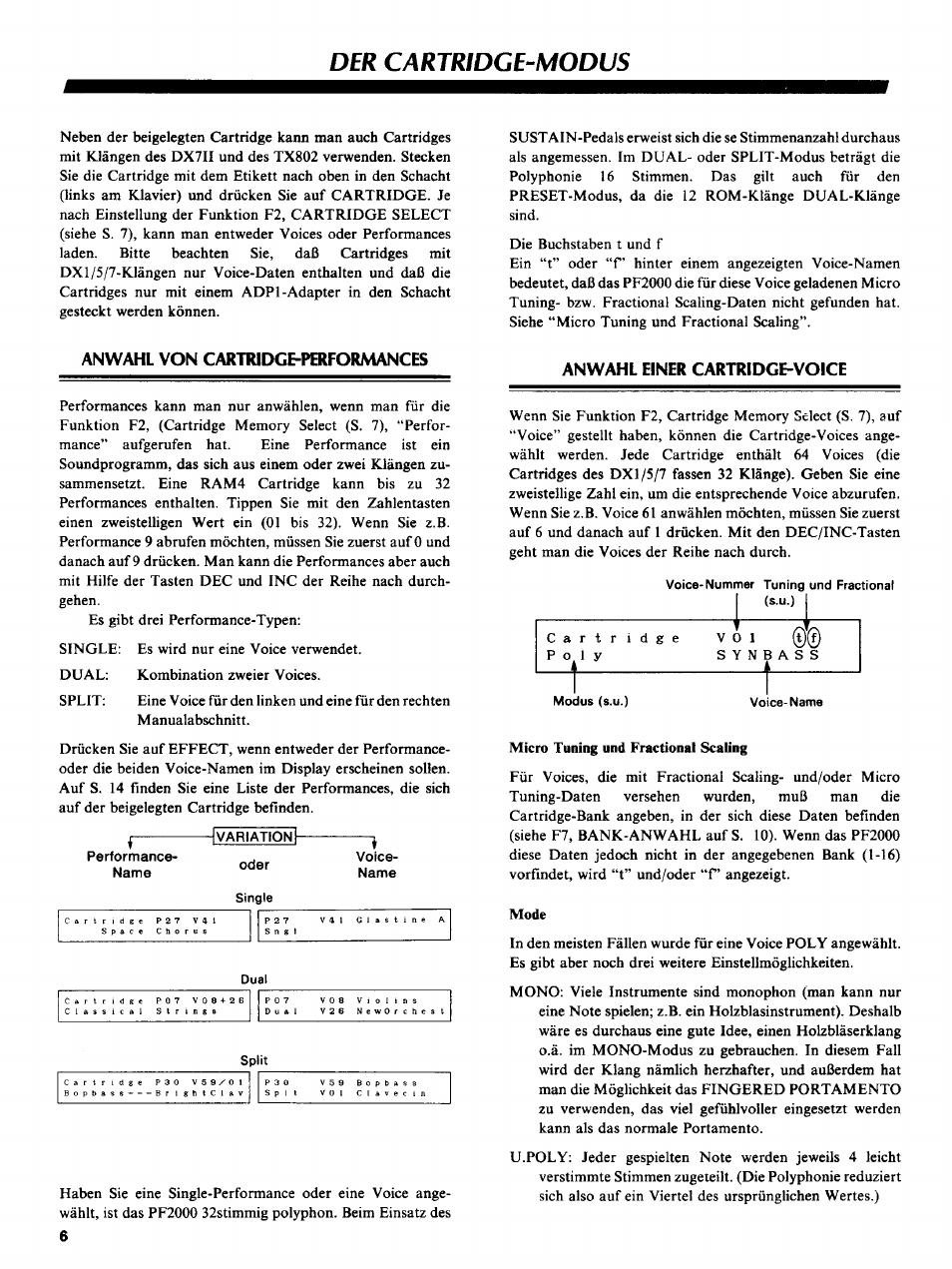 Anwahl von cartridge-performances, Anwahl einer cartridge-voice, Der cartridge-modus | Yamaha PF2000 User Manual | Page 8 / 23