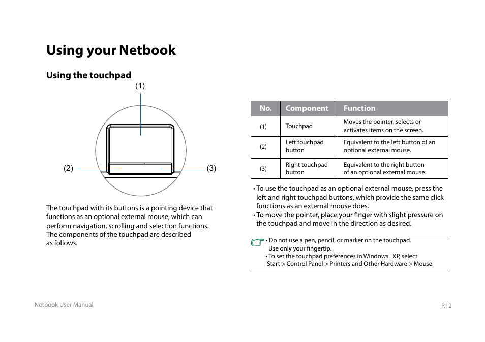 Y book series manual_e_14, Using your netbook, Using the touchpad | Elitegroup Y10PT0 / Y11PT0 User Manual | Page 14 / 37